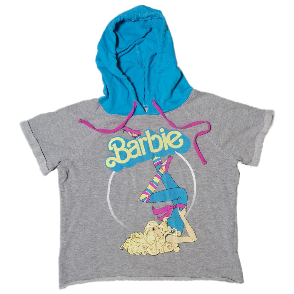 Barbie Hoodie T-Shirt Top Graphic Print Blue Hood‎ Short Sleeve Girls  XS
(Y)